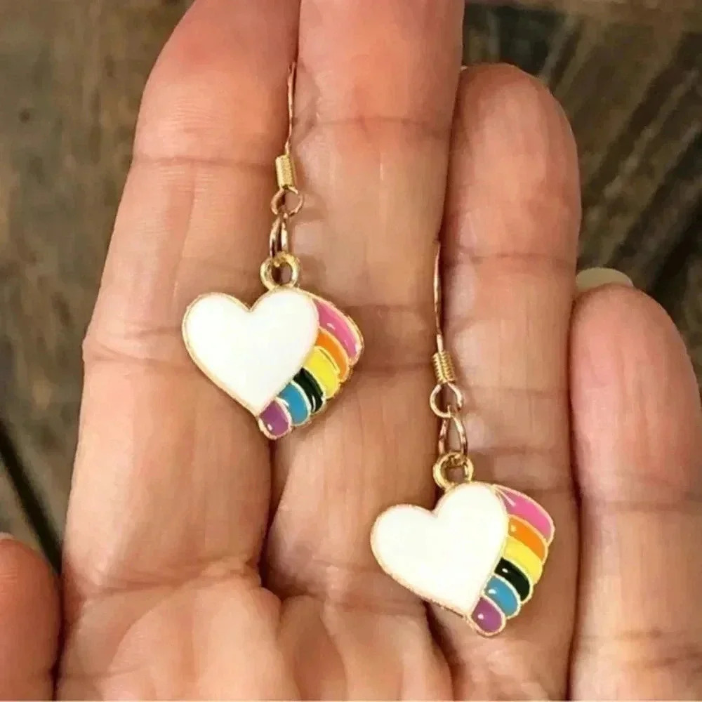 Fun Rainbow Heart Drop Earrings NWT